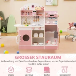 Kinderküche mit 27 Zubehör Spielküche Holz mit Uhr Mikrowelle Braun/Rosa/Weiß