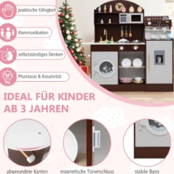 Kinderküche mit 27 Zubehör Spielküche Holz mit Uhr Mikrowelle Braun/Rosa/Weiß