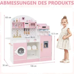 Kinderküche mit 27 Zubehör Spielküche Holz mit Uhr Mikrowelle Braun/Rosa/Weiß