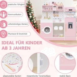 Kinderküche mit 27 Zubehör Spielküche Holz mit Uhr Mikrowelle Braun/Rosa/Weiß