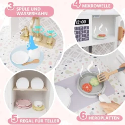 Kinderküche mit 27 Zubehör Spielküche Holz mit Uhr Mikrowelle Braun/Rosa/Weiß