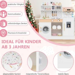 Kinderküche mit 27 Zubehör Spielküche Holz mit Uhr Mikrowelle Braun/Rosa/Weiß