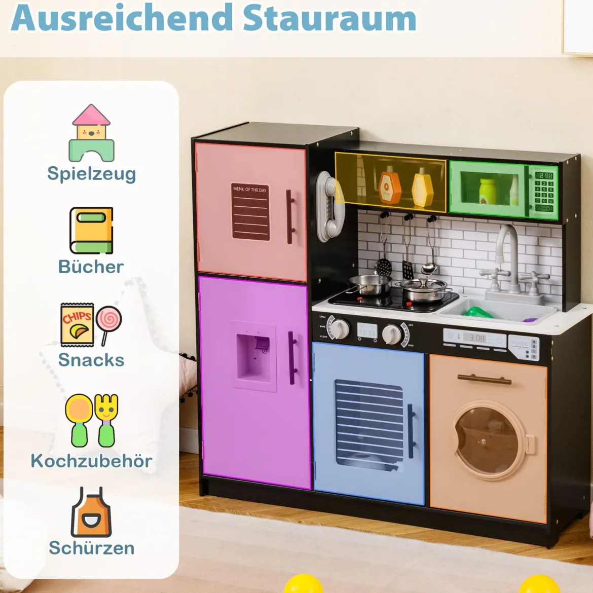 Kinderküche mit Zubehör Spielküchen-Spielzeugset mit Ofen & Waschmaschine Schwarz