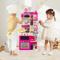 Kinderküche mit 54 Zubehör Spielküche PuppenkücheSpielzeugküche für Kinder ab 3 Jahren Rosa