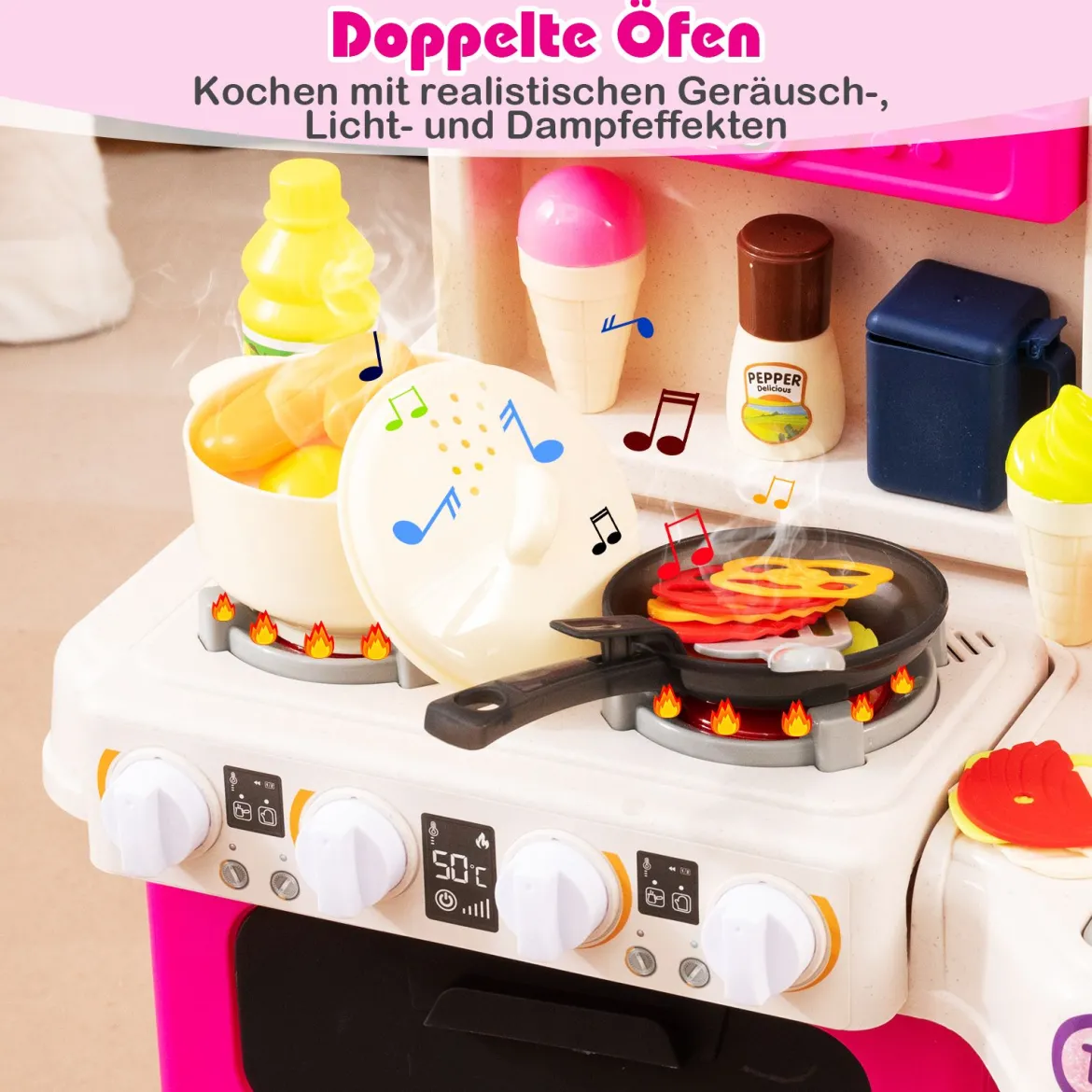 Kinderküche mit 54 Zubehör Spielküche PuppenkücheSpielzeugküche für Kinder ab 3 Jahren Rosa