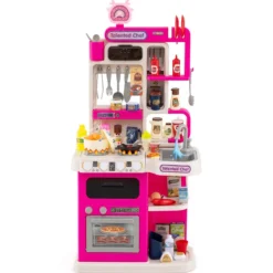 Kinderküche mit 54 Zubehör Spielküche PuppenkücheSpielzeugküche für Kinder ab 3 Jahren Rosa