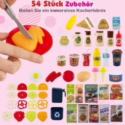 Kinderküche mit 54 Zubehör Spielküche PuppenkücheSpielzeugküche für Kinder ab 3 Jahren Rosa