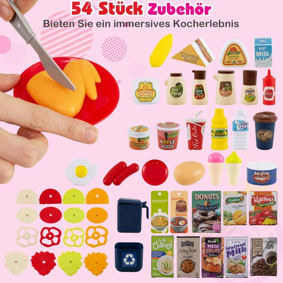 Kinderküche mit 54 Zubehör Spielküche PuppenkücheSpielzeugküche für Kinder ab 3 Jahren Rosa