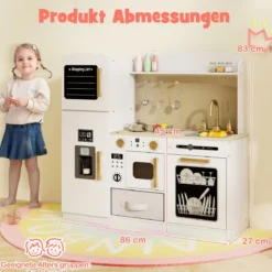 Kinderküche mit Zubehör Spielküche mit Schreibtafel Eismaschine Spüle Spielzeugküche Weiß