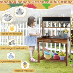 Kinderküchen aus Tannenholz mit Drehbarem Wasserhahn & Abnehmbarem Spülbecken & Kreidetafel