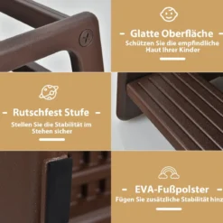 Kinder-Küchenhocker mit Doppelten Sicherheitshandläufen Kleinkindhocker 46,5 x 46,5 x 90 cm Braun