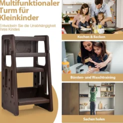 Kinder-Küchenhocker mit Doppelten Sicherheitshandläufen Kleinkindhocker 46,5 x 46,5 x 90 cm Braun