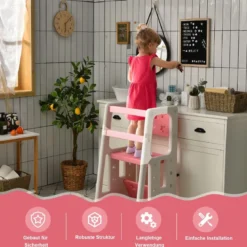 Kinder-Küchenhocker mit Doppelten Sicherheitshandläufen & 3 Verstellbaren Höhen & Rutschfesten Füßen Rosa