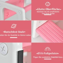 Kinder-Küchenhocker mit Doppelten Sicherheitshandläufen & 3 Verstellbaren Höhen & Rutschfesten Füßen Rosa