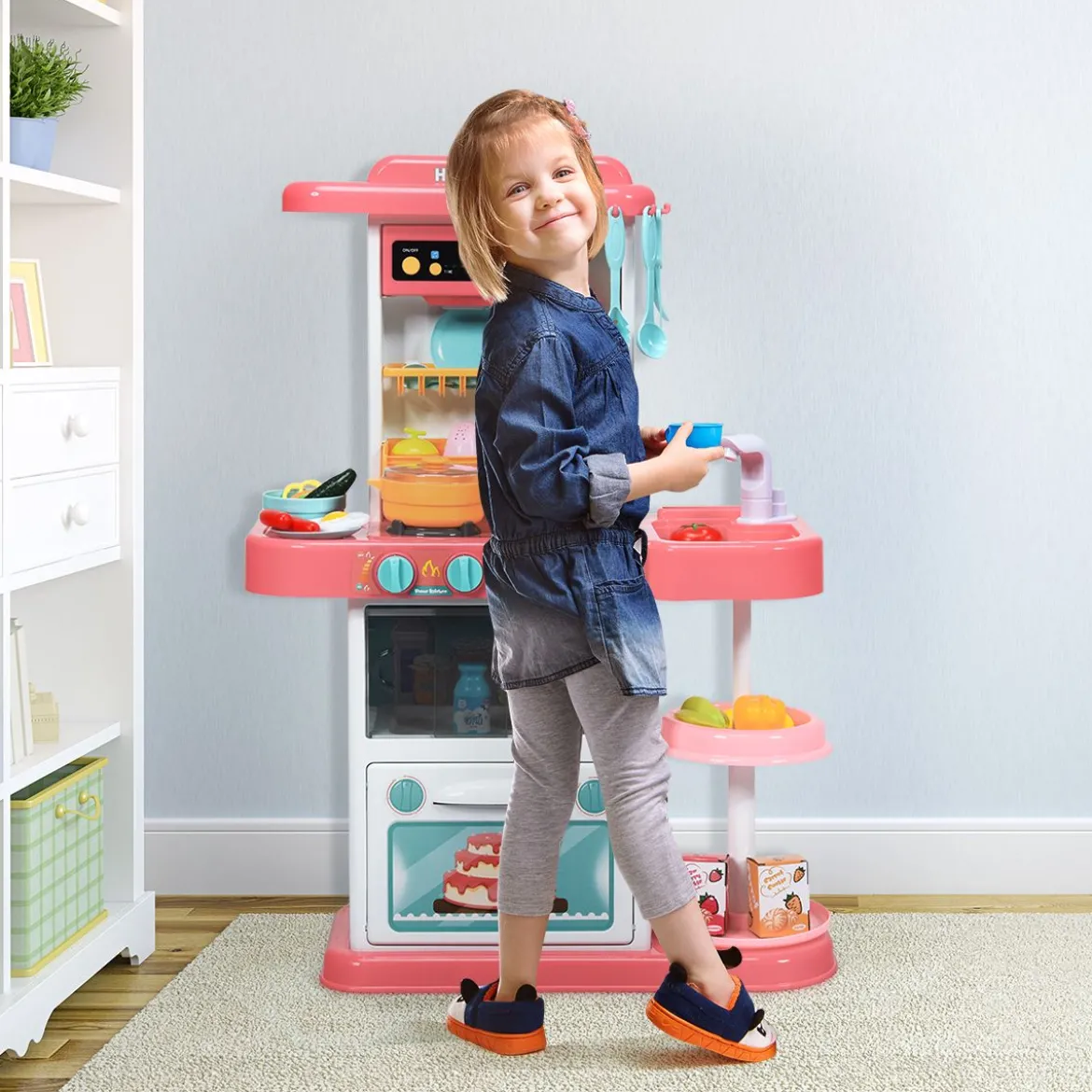 Kinder Küchen Kochset Kinderküche mit Spieluhr und Lichtern Spielzeugküche für Kleinkinder Rosa