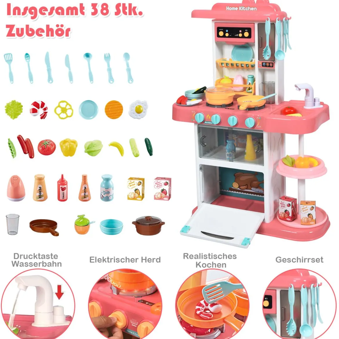Kinder Küchen Kochset Kinderküche mit Spieluhr und Lichtern Spielzeugküche für Kleinkinder Rosa