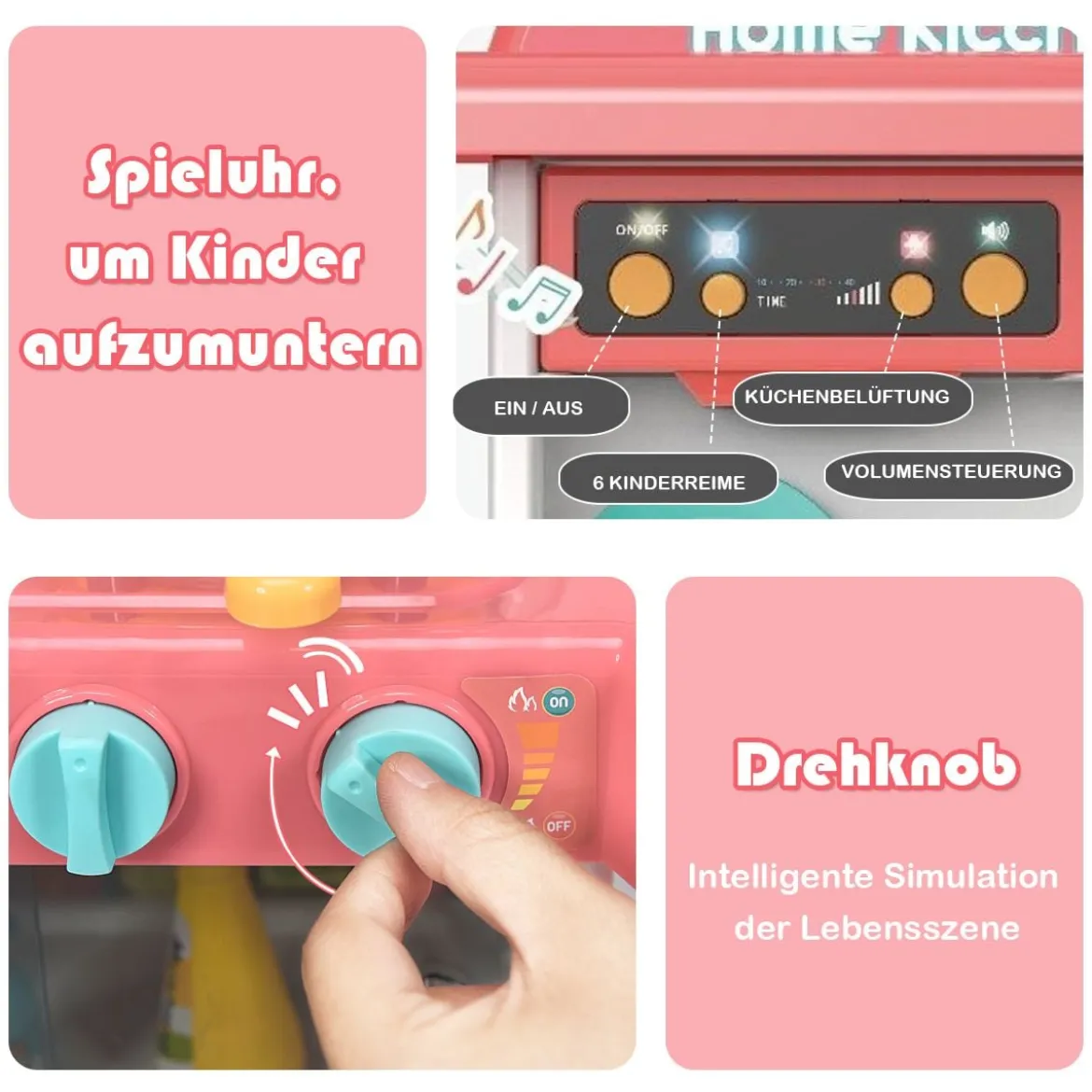 Kinder Küchen Kochset Kinderküche mit Spieluhr und Lichtern Spielzeugküche für Kleinkinder Rosa