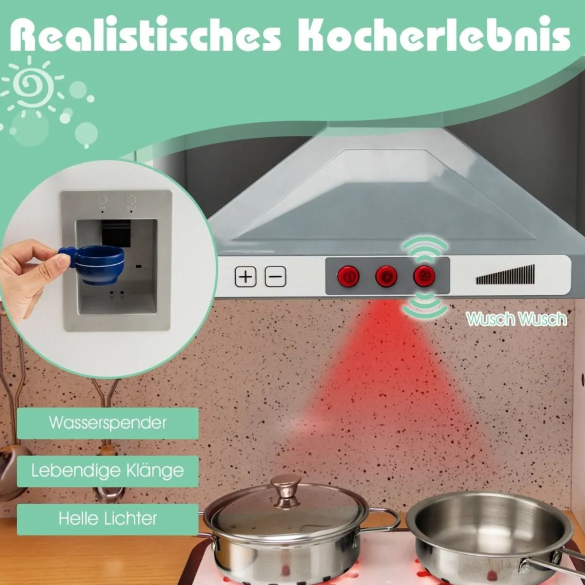 Kinder-Küchenset Spielküche mit Licht Hocker Kaffeemaschine Wasserspender Herd