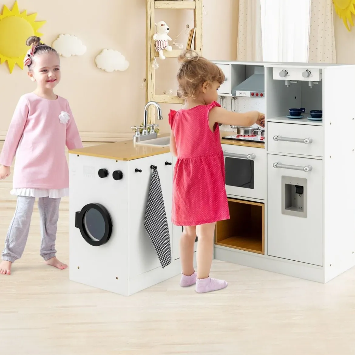 Kinder-Küchenset Spielküche mit Licht Hocker Kaffeemaschine Wasserspender Herd