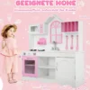 Kinderküche Spielküche aus Holz mit Spüle & Haken & Ofen & Mikrowelle Rosa & Weiß