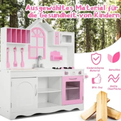 Kinderküche Spielküche aus Holz mit Spüle & Haken & Ofen & Mikrowelle Rosa & Weiß