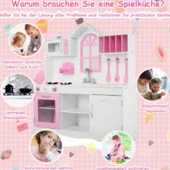 Kinderküche Spielküche aus Holz mit Spüle & Haken & Ofen & Mikrowelle Rosa & Weiß