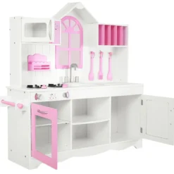 Kinderküche Spielküche aus Holz mit Spüle & Haken & Ofen & Mikrowelle Rosa & Weiß
