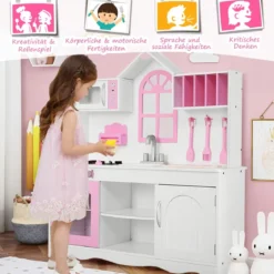 Kinderküche Spielküche aus Holz mit Spüle & Haken & Ofen & Mikrowelle Rosa & Weiß
