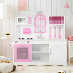 Kinderküche Spielküche aus Holz mit Spüle & Haken & Ofen & Mikrowelle Rosa & Weiß