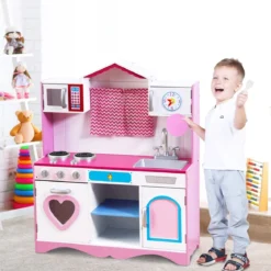 Kinderküche Spielküche aus Holz mit Abnehmbare Spüle Mikrowelle Backofen Kinder Küche Rosa