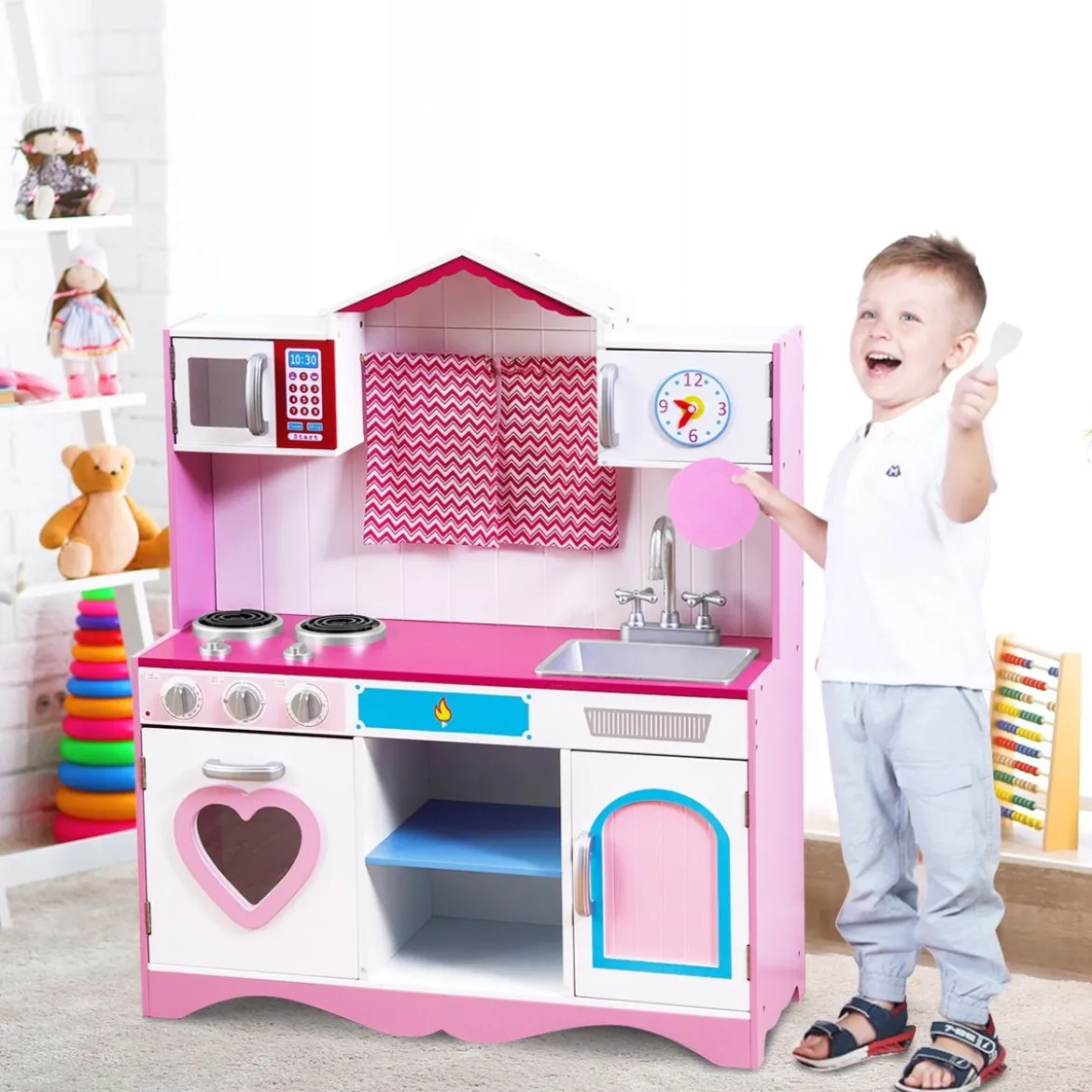 Kinderküche Spielküche aus Holz mit Abnehmbare Spüle Mikrowelle Backofen Kinder Küche Rosa