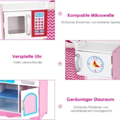 Kinderküche Spielküche aus Holz mit Abnehmbare Spüle Mikrowelle Backofen Kinder Küche Rosa