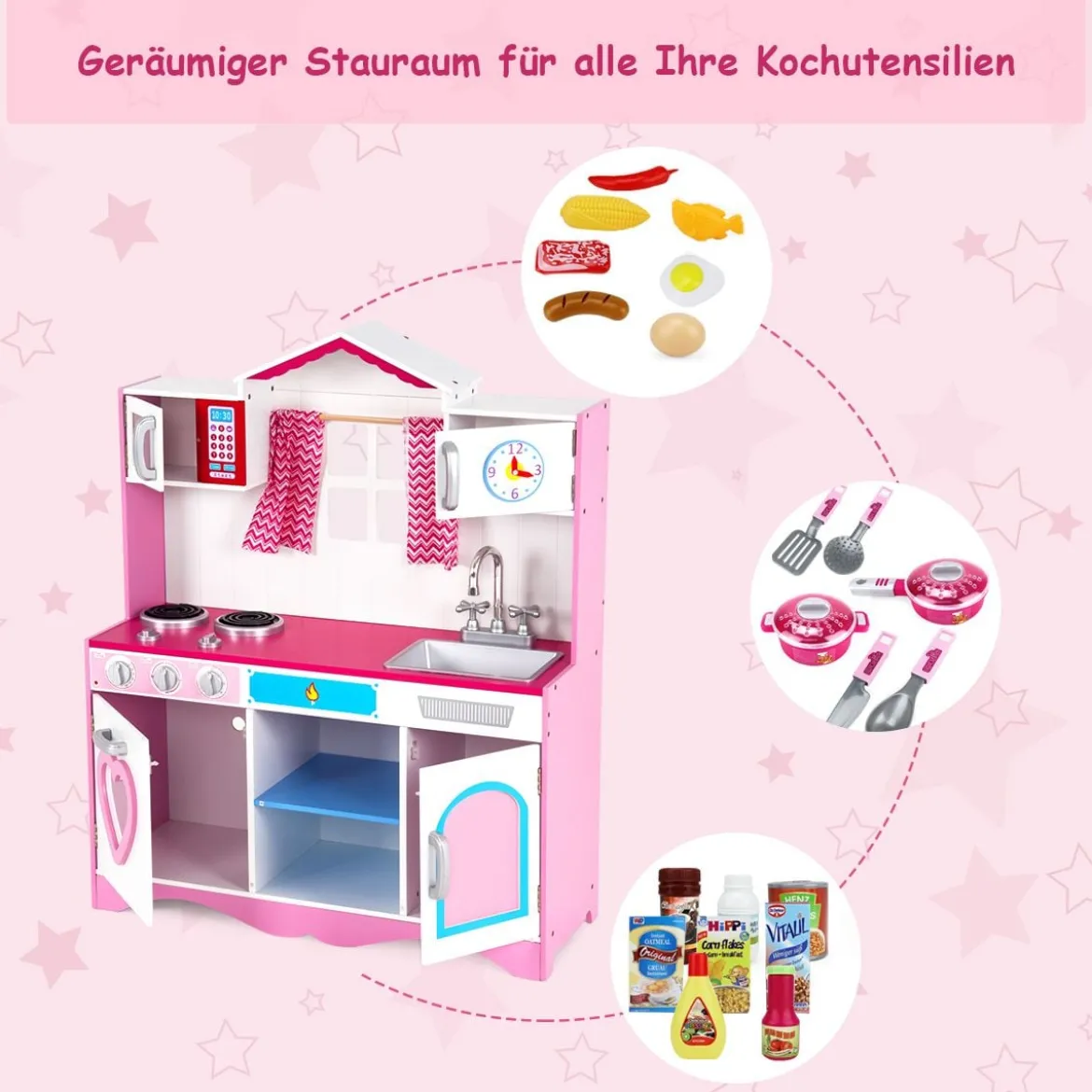 Kinderküche Spielküche aus Holz mit Abnehmbare Spüle Mikrowelle Backofen Kinder Küche Rosa