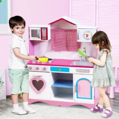 Kinderküche Spielküche aus Holz mit Abnehmbare Spüle Mikrowelle Backofen Kinder Küche Rosa