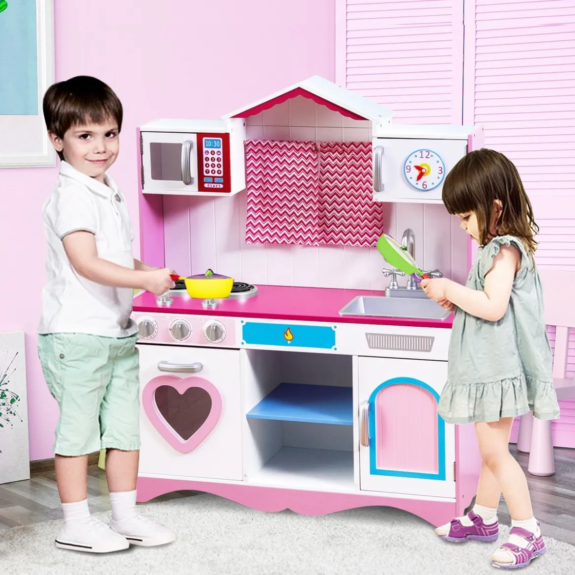 Kinderküche Spielküche aus Holz mit Abnehmbare Spüle Mikrowelle Backofen Kinder Küche Rosa