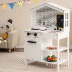 Kinderküche Spielküchenset aus Holz mit zusätzlicher Tafel 62 x 33 x 90 cm Weiß