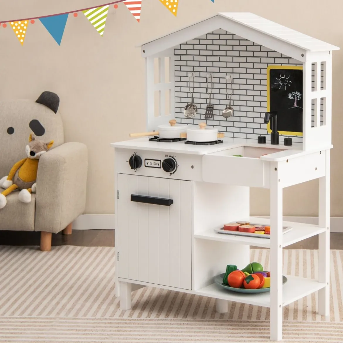 Kinderküche Spielküchenset aus Holz mit zusätzlicher Tafel 62 x 33 x 90 cm Weiß