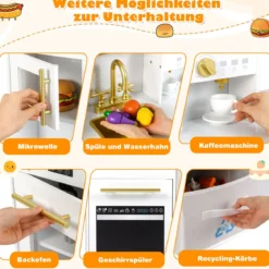 Kinderküche Spielset Holzspielküche mit Herd Sound & Licht Kaffeemaschine Wasserhahn & Kochgeschirr Weiß/Natur