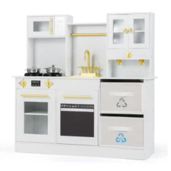 Kinderküche Spielset Holzspielküche mit Herd Sound & Licht Kaffeemaschine Wasserhahn & Kochgeschirr Weiß/Natur