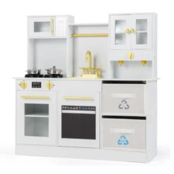 Kinderküche Spielset Holzspielküche mit Herd Sound & Licht Kaffeemaschine Wasserhahn & Kochgeschirr Weiß/Natur