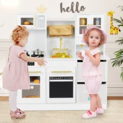 Kinderküche Spielset Holzspielküche mit Herd Sound & Licht Kaffeemaschine Wasserhahn & Kochgeschirr Weiß/Natur