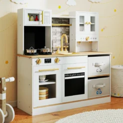 Kinderküche Spielset Holzspielküche mit Herd Sound & Licht Kaffeemaschine Wasserhahn & Kochgeschirr Weiß/Natur