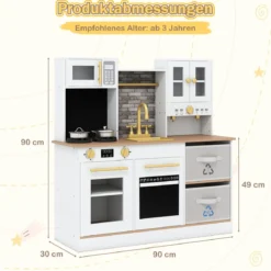 Kinderküche Spielset Holzspielküche mit Herd Sound & Licht Kaffeemaschine Wasserhahn & Kochgeschirr Weiß/Natur