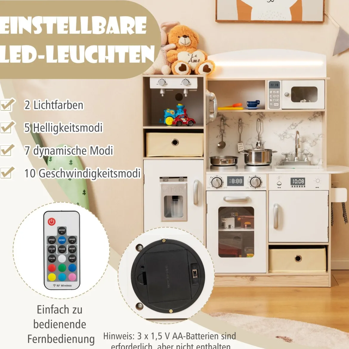 Kinderküche Spielset Holz Spielküche mit einstellbaren LED-Lichtern abnehmbaren Stoffkörben & Regalen Spielküche Weiß