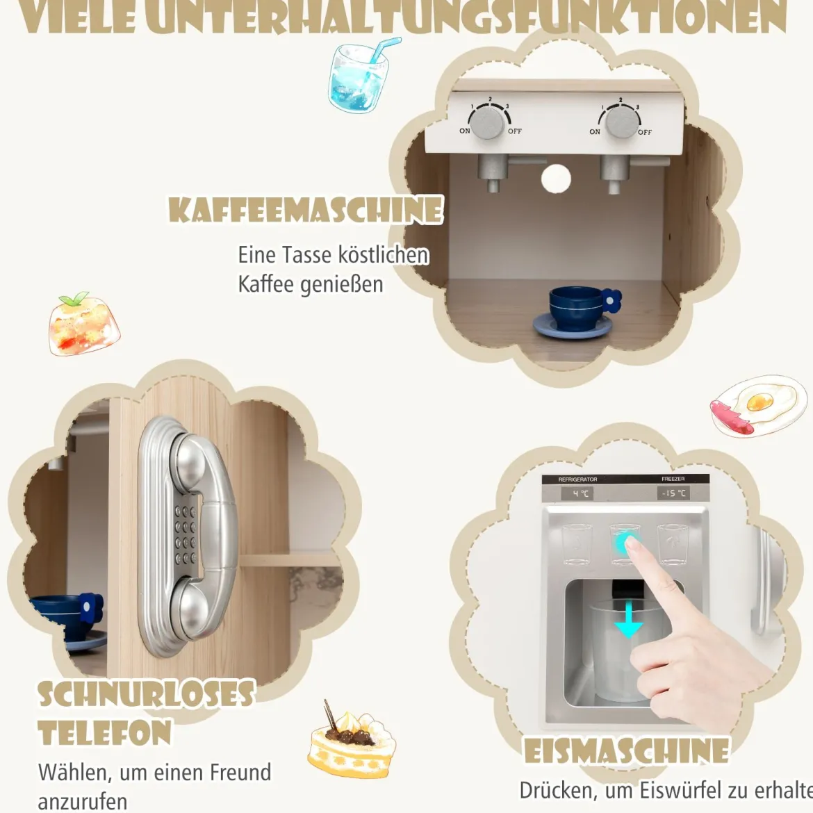 Kinderküche Spielset Holz Spielküche mit einstellbaren LED-Lichtern abnehmbaren Stoffkörben & Regalen Spielküche Weiß