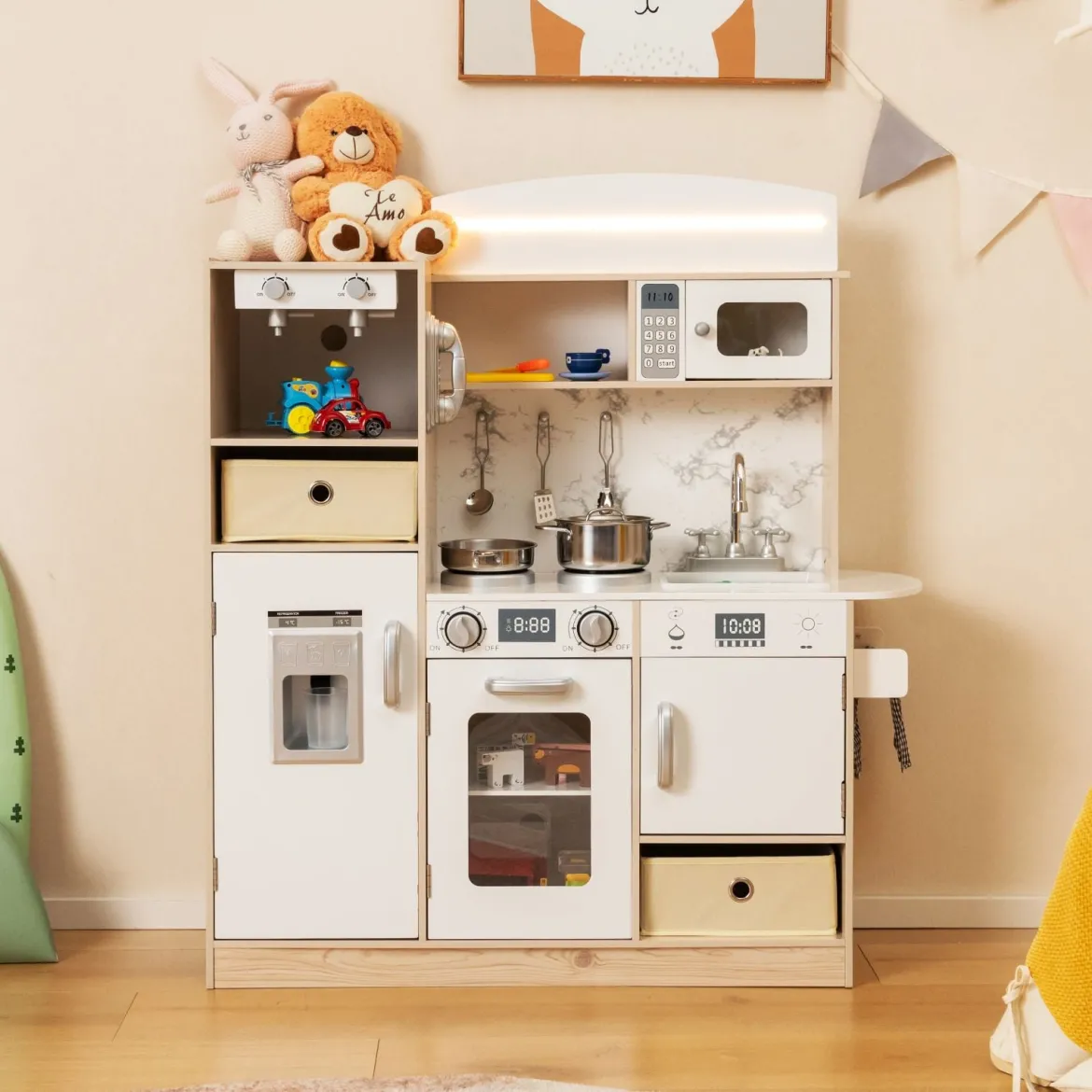 Kinderküche Spielset Holz Spielküche mit einstellbaren LED-Lichtern abnehmbaren Stoffkörben & Regalen Spielküche Weiß