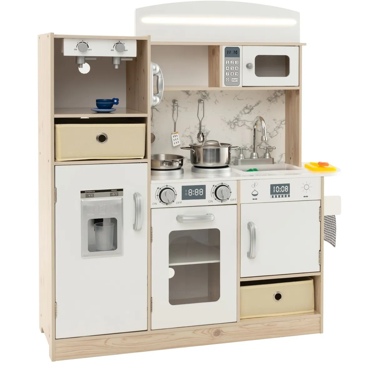 Kinderküche Spielset Holz Spielküche mit einstellbaren LED-Lichtern abnehmbaren Stoffkörben & Regalen Spielküche Weiß