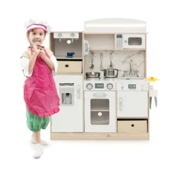 Kinderküche Spielset Holz Spielküche mit einstellbaren LED-Lichtern abnehmbaren Stoffkörben & Regalen Spielküche Weiß