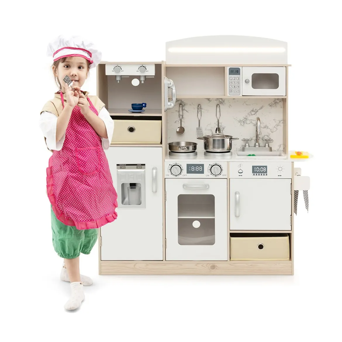 Kinderküche Spielset Holz Spielküche mit einstellbaren LED-Lichtern abnehmbaren Stoffkörben & Regalen Spielküche Weiß
