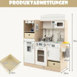 Kinderküche Spielset Holz Spielküche mit einstellbaren LED-Lichtern abnehmbaren Stoffkörben & Regalen Spielküche Weiß
